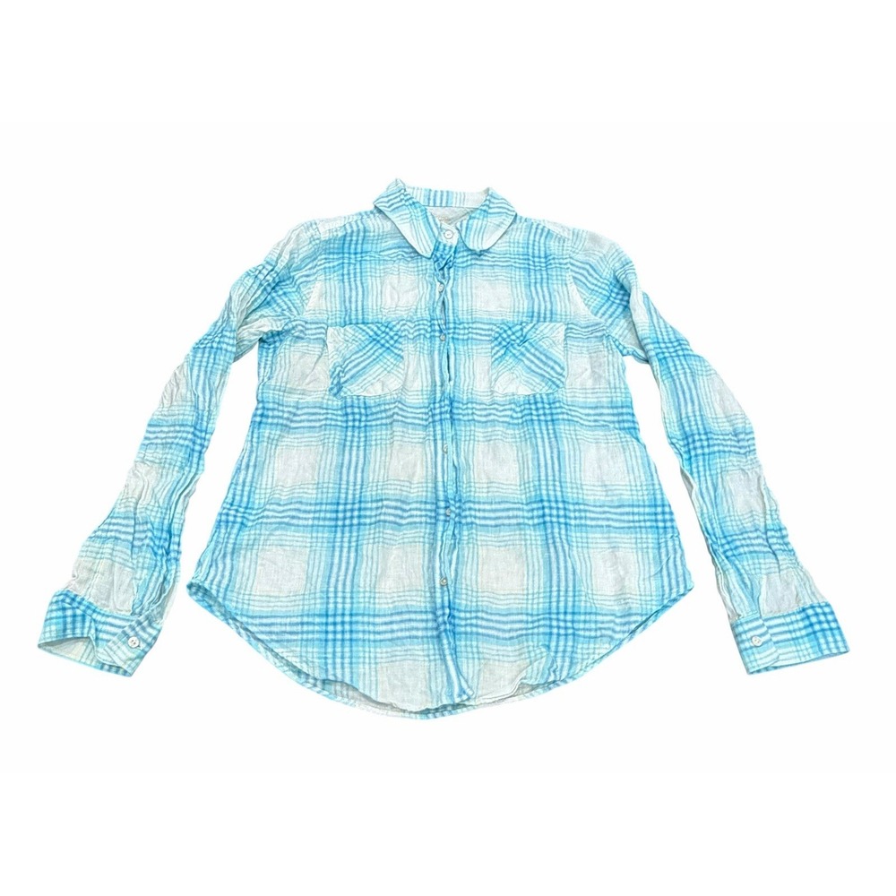Lilly Pulitzer Women 100% Linen Button Down Shirt Blue White Plaid Coastal Small